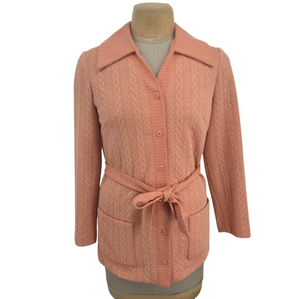 Nardis of Dallas Jacket Women Size 14 Peach Cable Knit Belted Vintage 70s Union